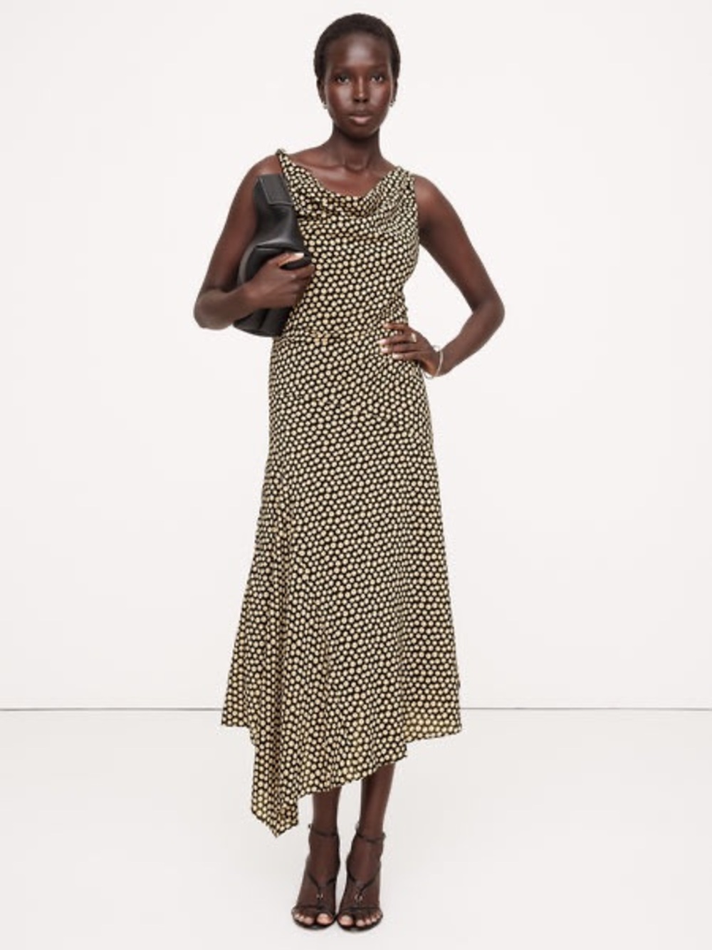Banana Republic Black Polka Dot Chiffon Twisted-Back Midi Dress